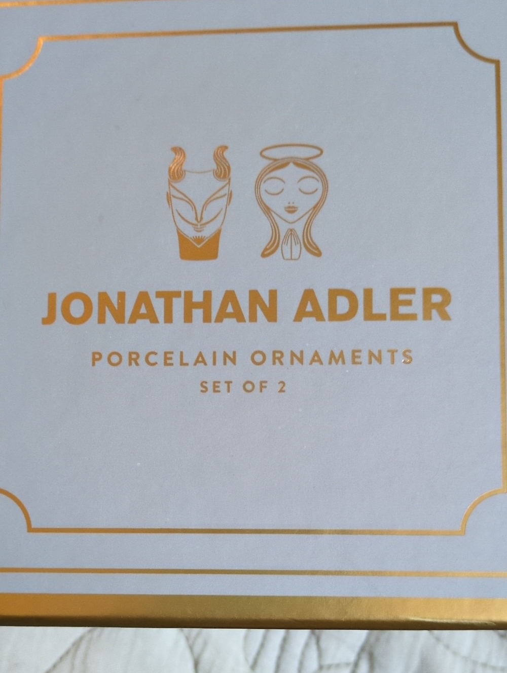 Jonathan Adler Naughty/Nice White Porcelain Ornament Pair